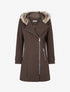 Manteau long à zip asymétrique avec fourrure sur la capuche - Chocolat - 1