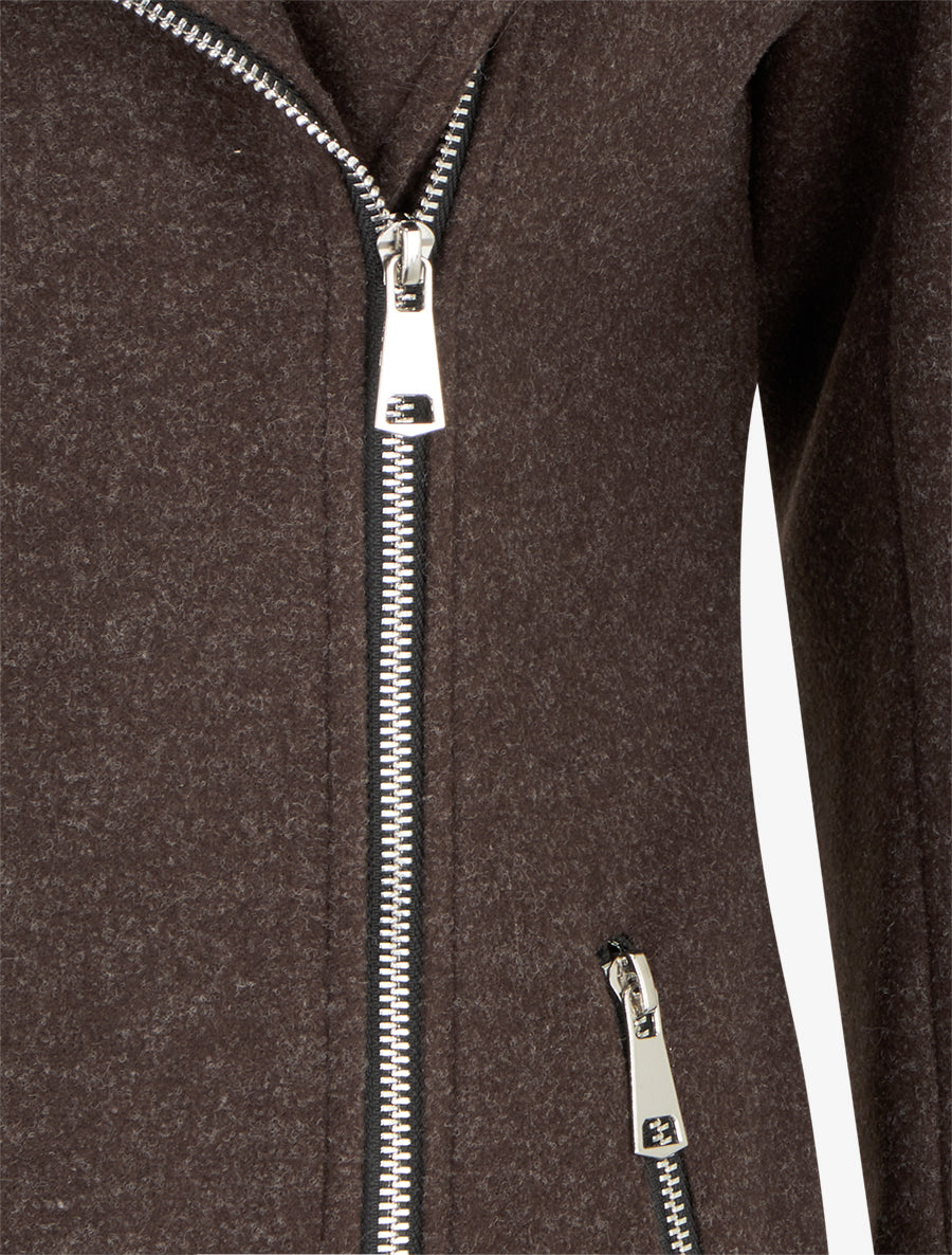 Manteau long à zip asymétrique avec fourrure sur la capuche - Chocolat - 3