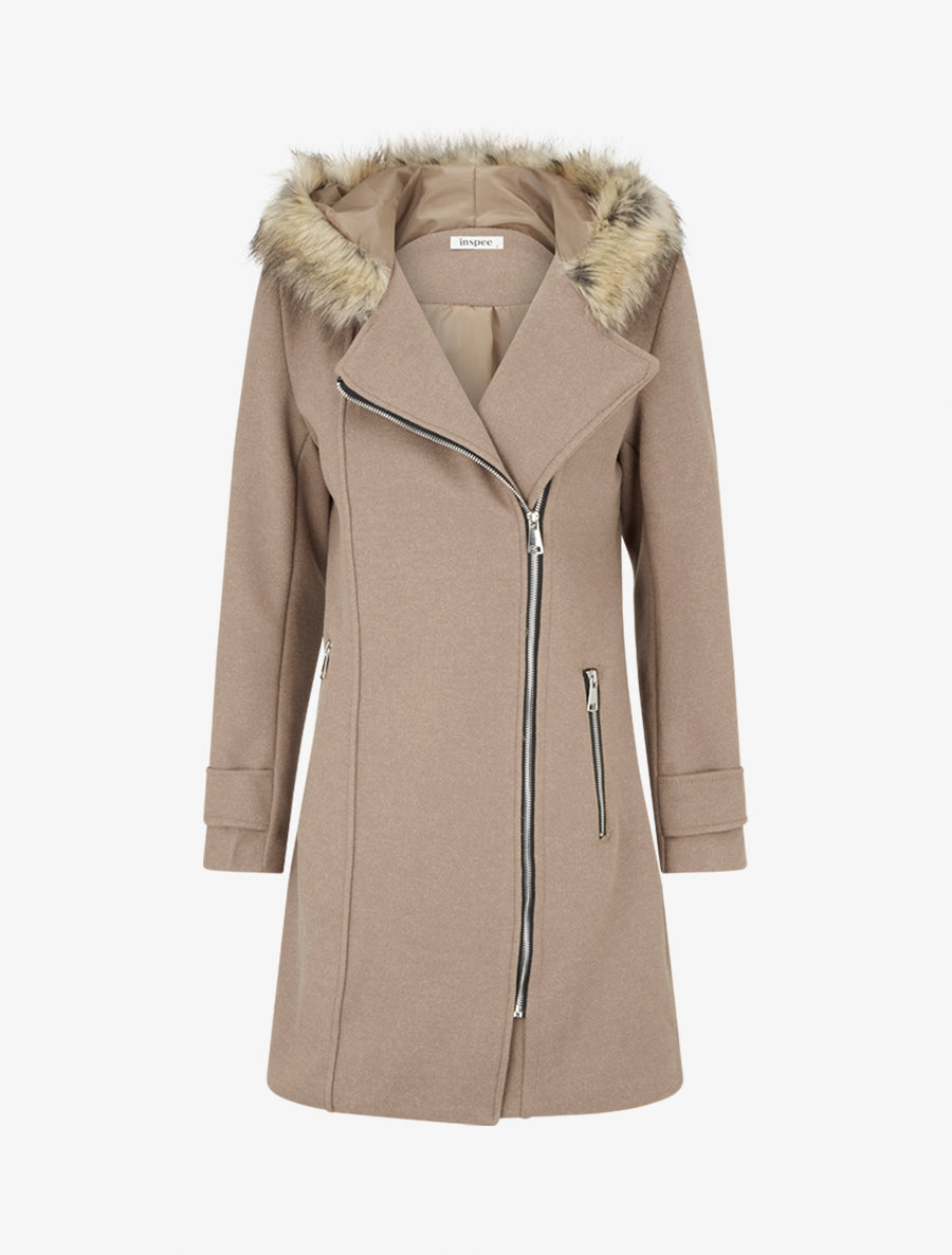 Manteau long à zip asymétrique avec fourrure sur la capuche - Beige - 1
