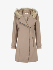 Manteau long à zip asymétrique avec fourrure sur la capuche - Beige - 1