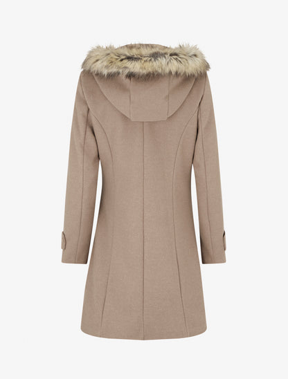 Manteau long à zip asymétrique avec fourrure sur la capuche - Beige - 2