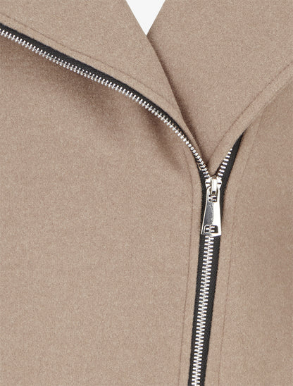 Manteau long à zip asymétrique avec fourrure sur la capuche - Beige - 3