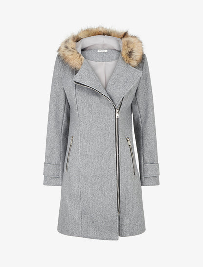 Manteau long à zip asymétrique avec fourrure sur la capuche - Gris - 1
