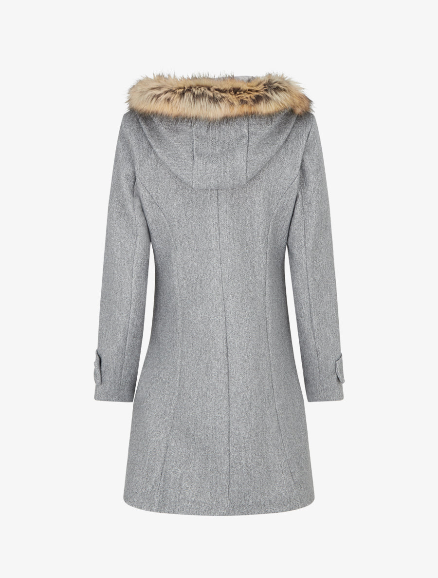 Manteau long à zip asymétrique avec fourrure sur la capuche - Gris - 2