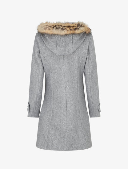 Manteau long à zip asymétrique avec fourrure sur la capuche - Gris - 2