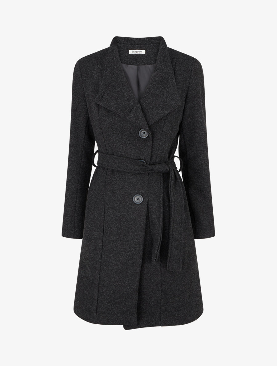 Manteau long boutonné ceinturé à la taille - Gris foncé - 1