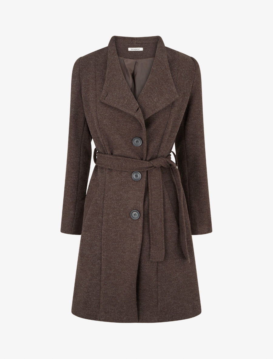 Manteau long boutonné ceinturé à la taille - Marron - 1