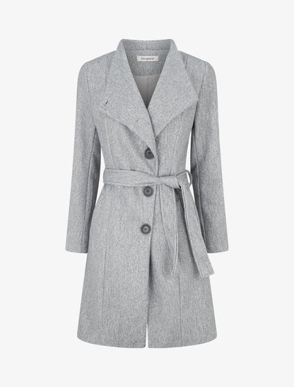 Manteau long boutonné ceinturé à la taille - Gris - 1