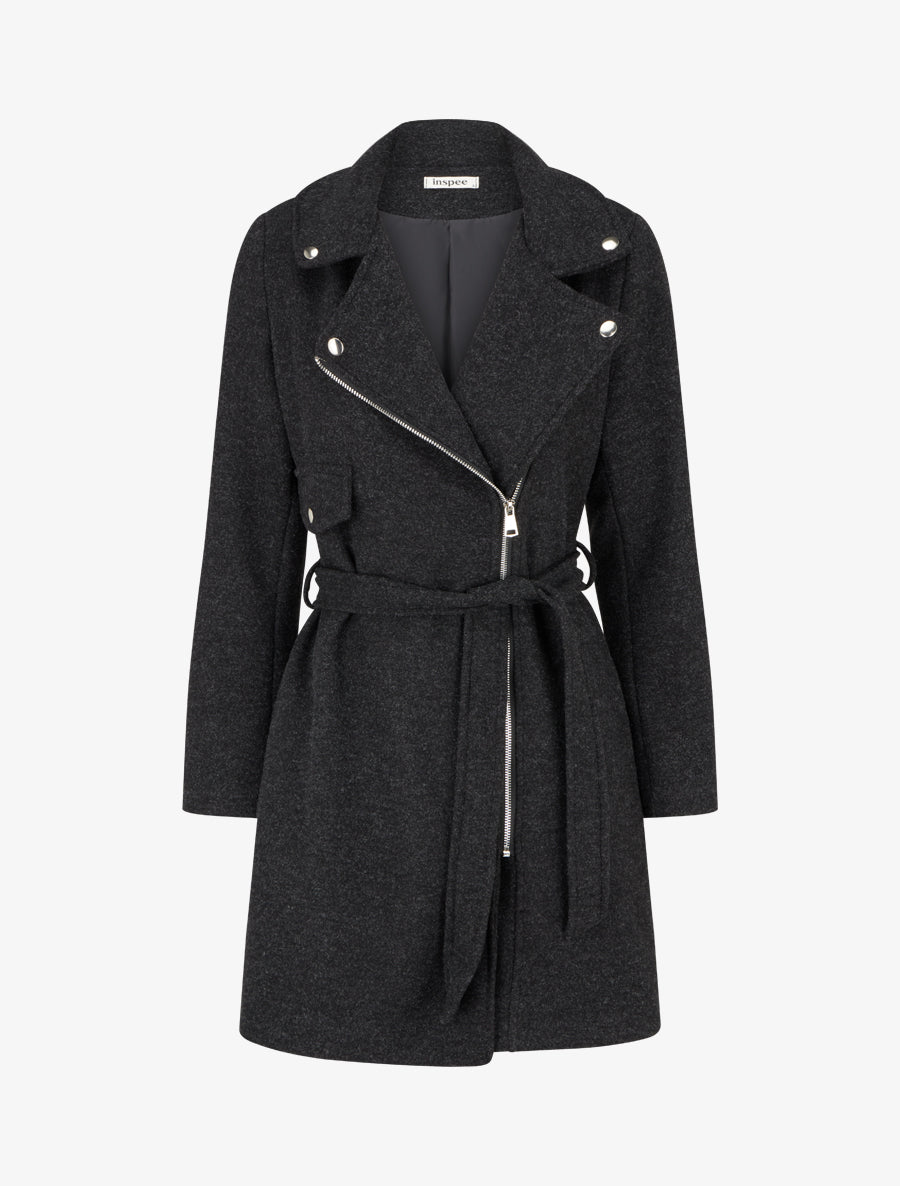 Manteau long à zip asymétrique ceinturé à la taille - Gris foncé - 1