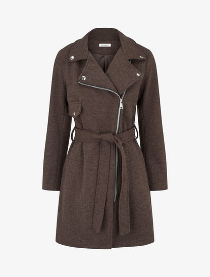 Manteau long à zip asymétrique ceinturé à la taille - Marron - 1
