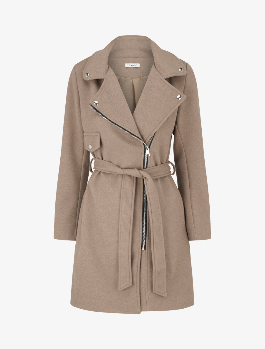 Manteau long à zip asymétrique ceinturé à la taille - Camel - 1