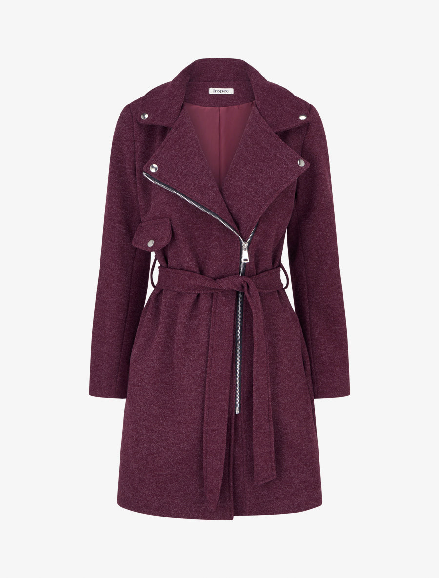 Manteau long à zip asymétrique ceinturé à la taille - Prune - 1