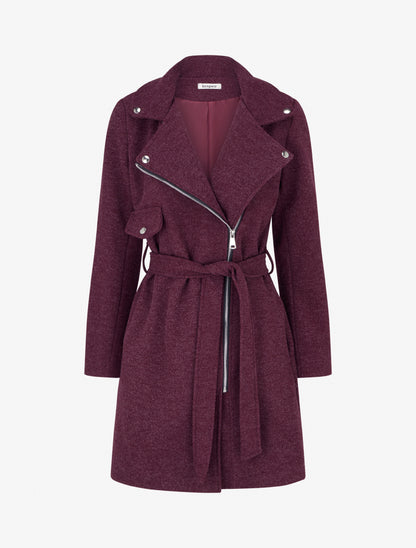 Manteau long à zip asymétrique ceinturé à la taille - Prune - 1