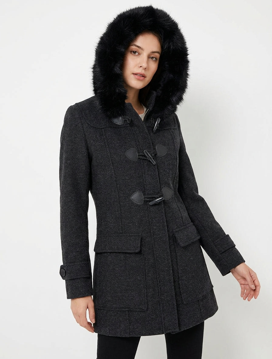 Abrigo tipo duffle-coat liso con capucha - Gris antracita