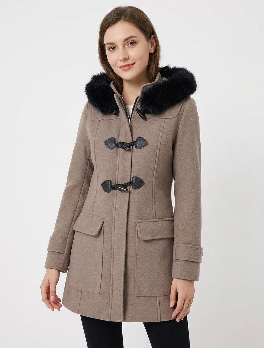 Abrigo tipo duffle-coat liso con capucha - Topo