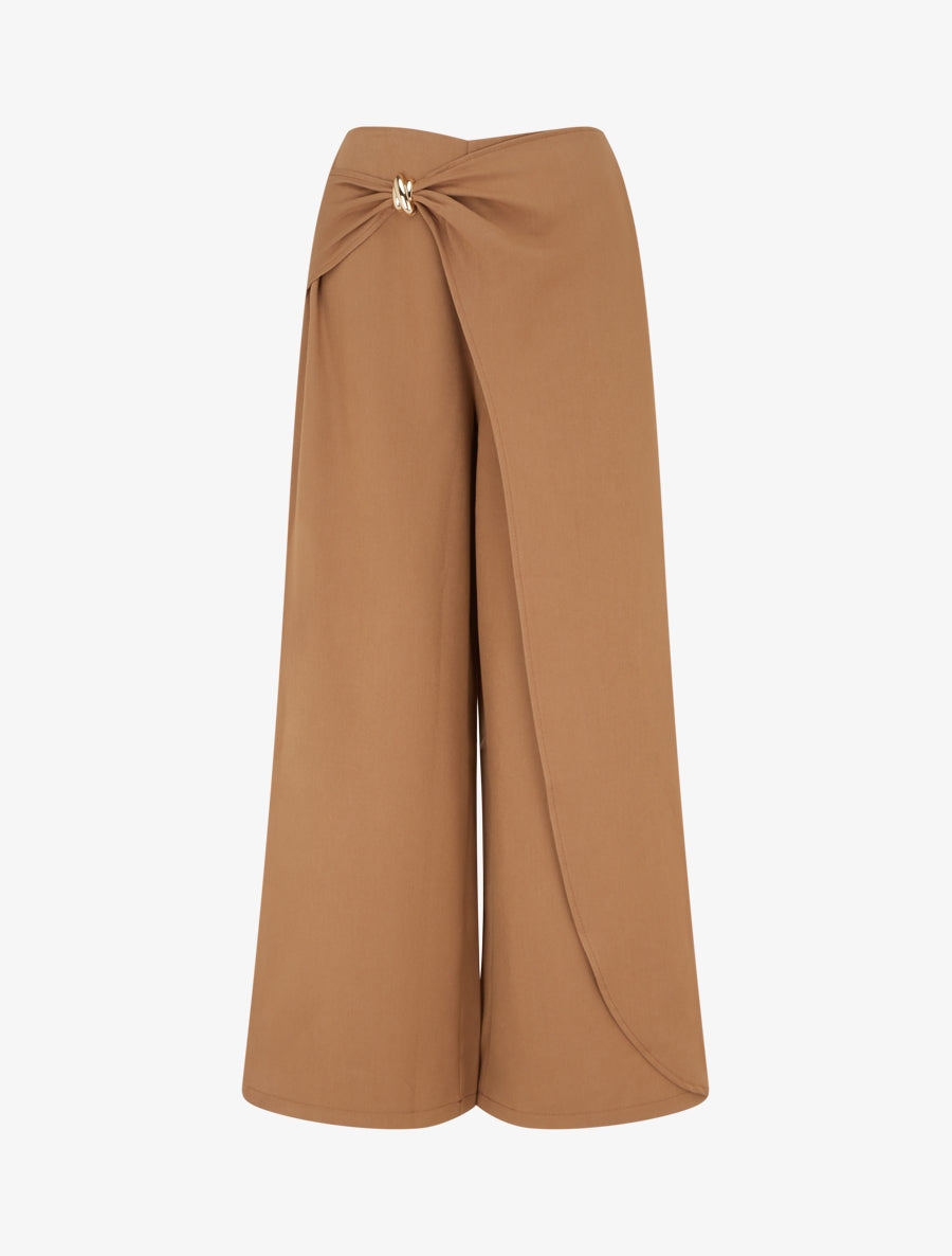 Pantalon ample à pan et bijou métallique - Camel - 1