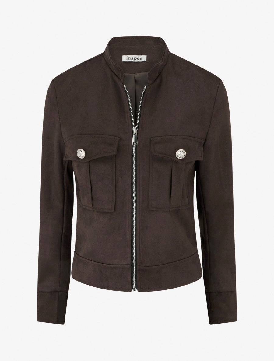 Chaqueta de ante con cremallera y bolsillo con solapa - Marrón