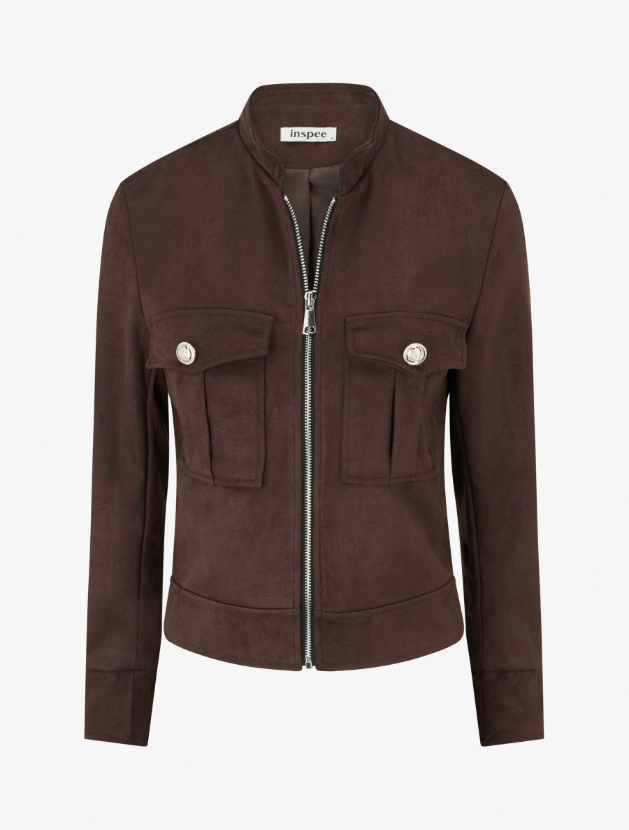 Veste en suédine zippée à poche à rabat - Marron - 1