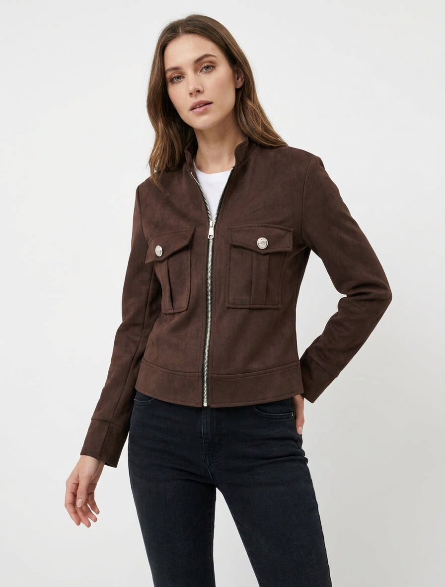 Chaqueta de ante con cremallera y bolsillo con solapa - Marrón