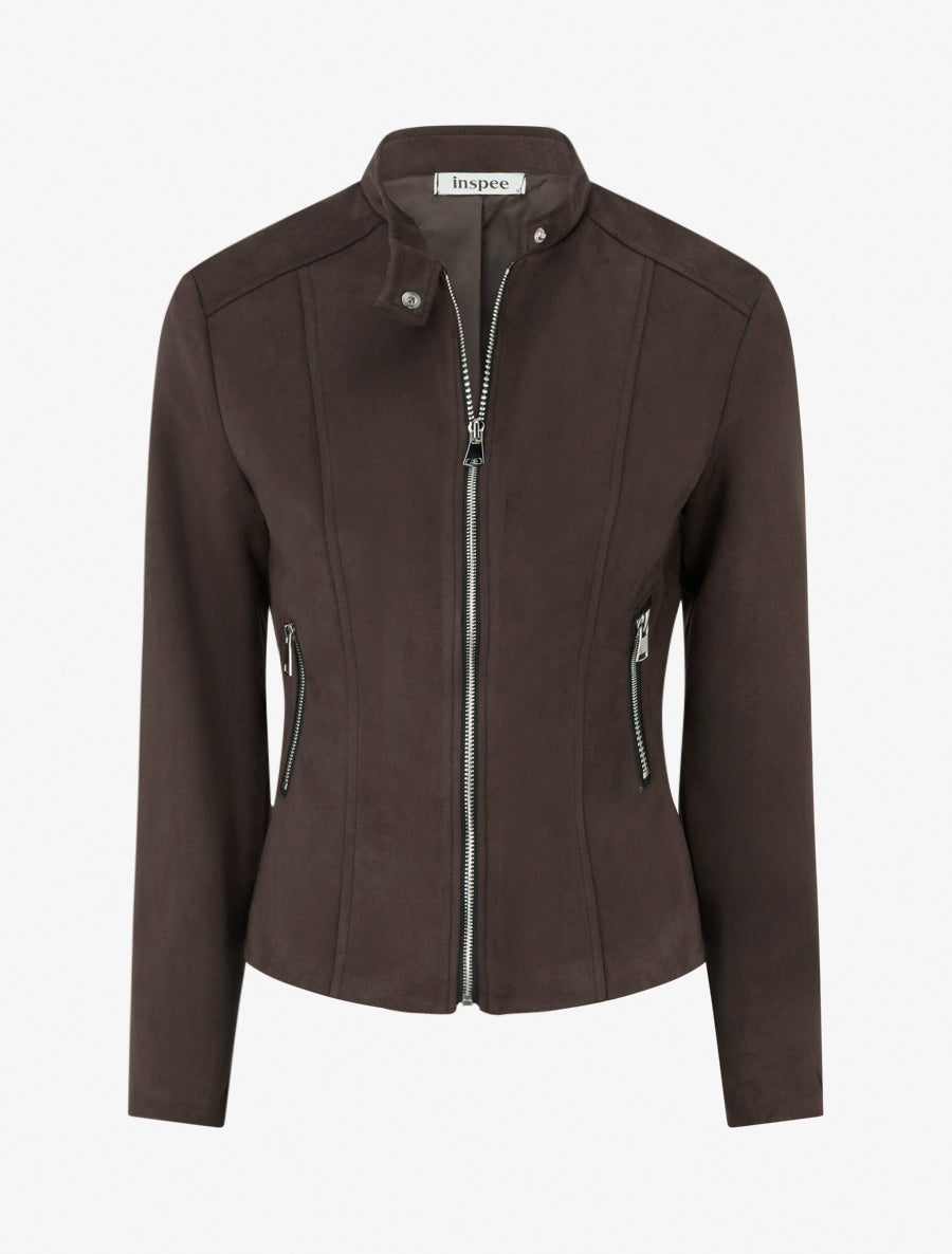 Chaqueta de ante sintético con cuello alto y cremallera - Marrón