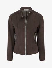 Chaqueta de ante sintético con cuello alto y cremallera - Marrón