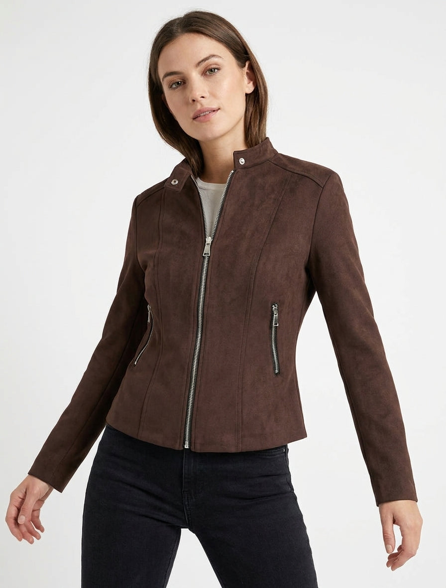 Chaqueta de ante sintético con cuello alto y cremallera - Marrón