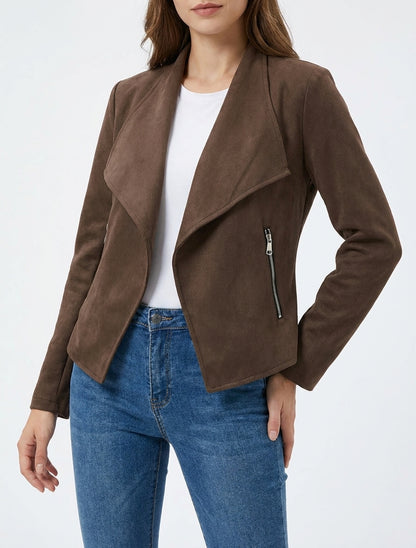 Chaqueta de ante con bolsillos decorativos con cremallera. - Marrón