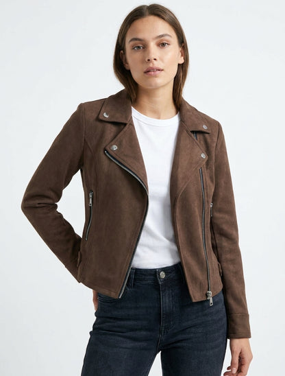 Chaqueta de gamuza con cierre de cremallera - Marrón