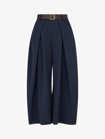 Pantalon taille haute coupe ample à plis - Marine - 1