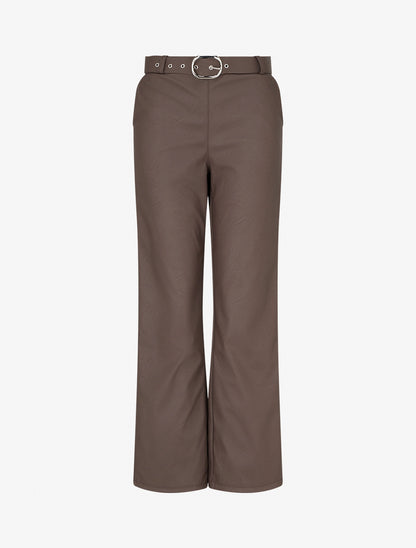 Pantalon droit uni en simili - Marron - 1