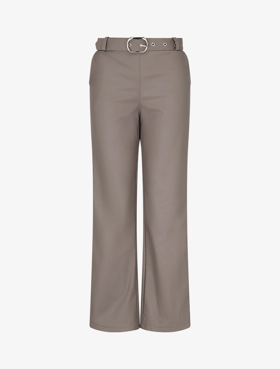 Pantalon droit uni en simili - Taupe foncé - 1