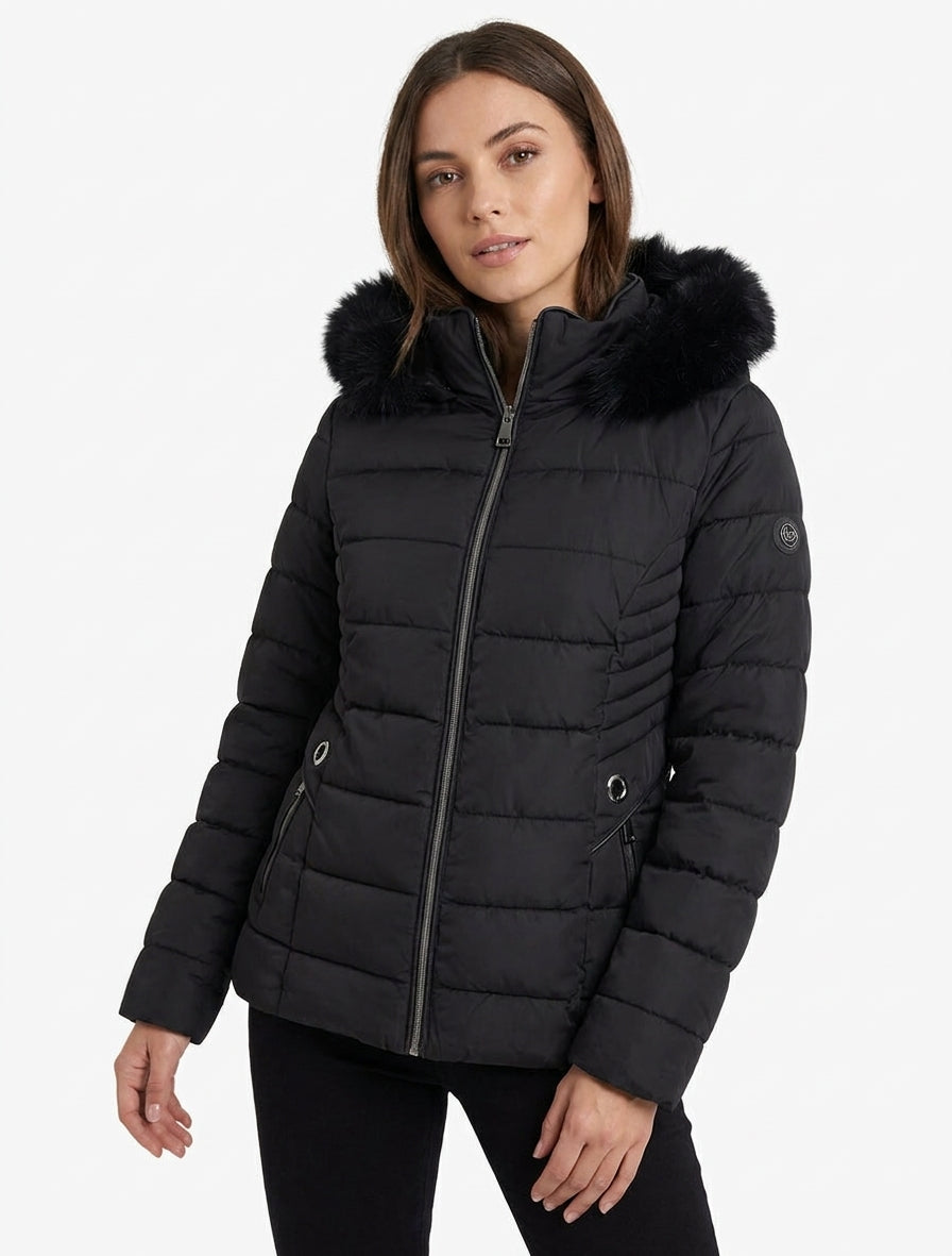Chaqueta con capucha de piel - Negro