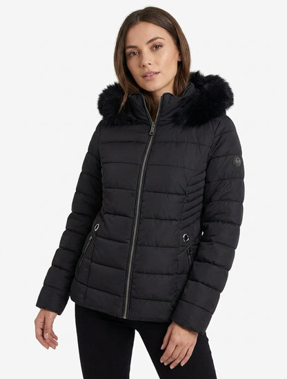 Chaqueta con capucha de piel - Negro