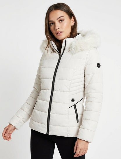 Chaqueta acolchada con capucha de piel - Blanco