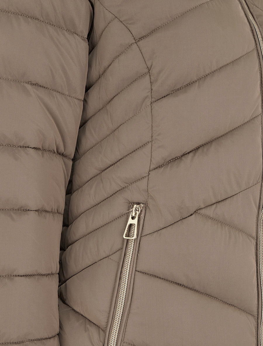 Doudoune coupe cintrée à capuche amovible ornée de fourrure - Taupe - 3