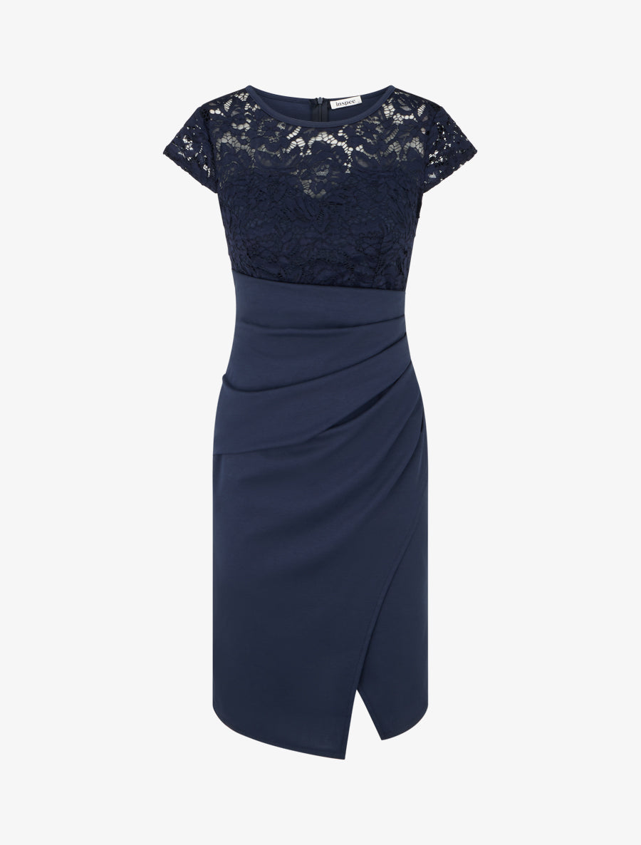 Robe portefeuille à buste dentelle - Marine - 1