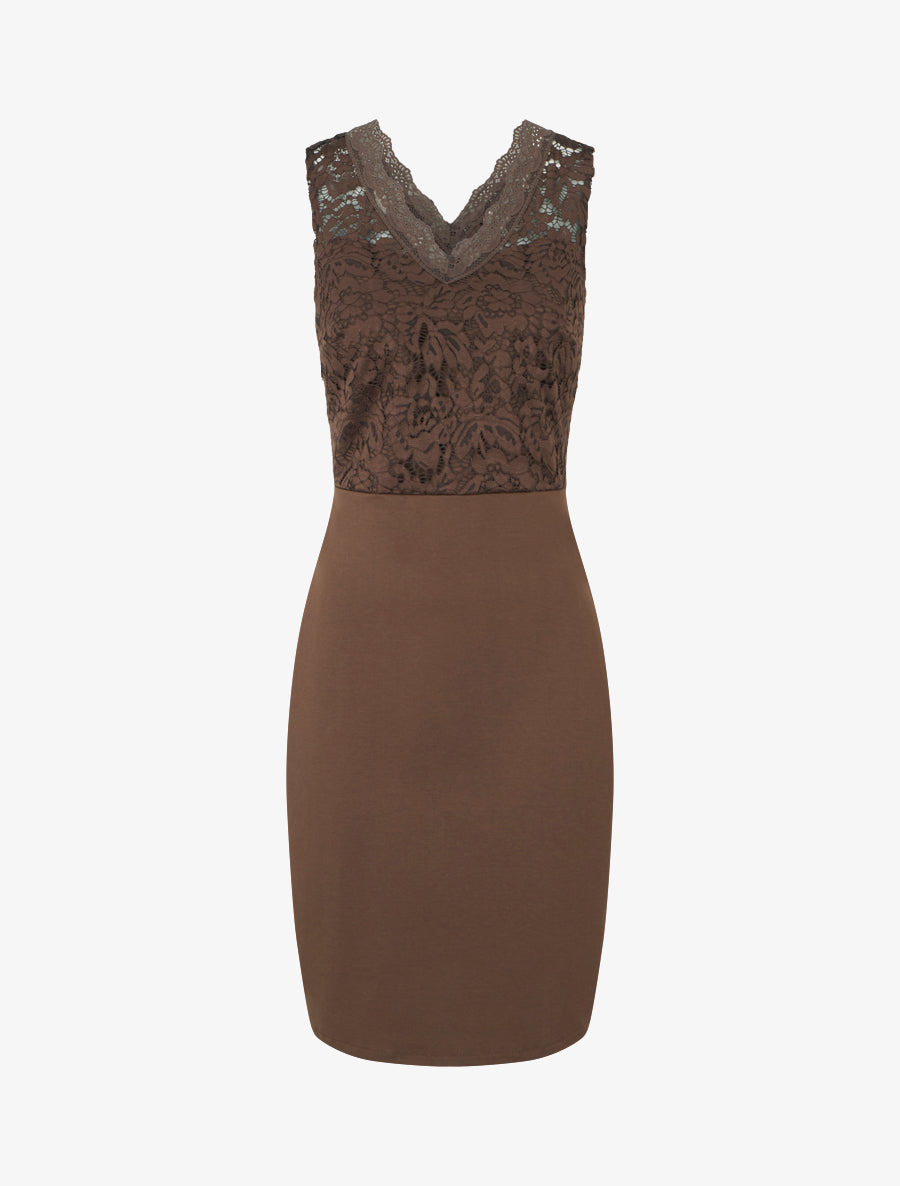 Robe ajustée sans manches à buste dentelle - Marron - 1