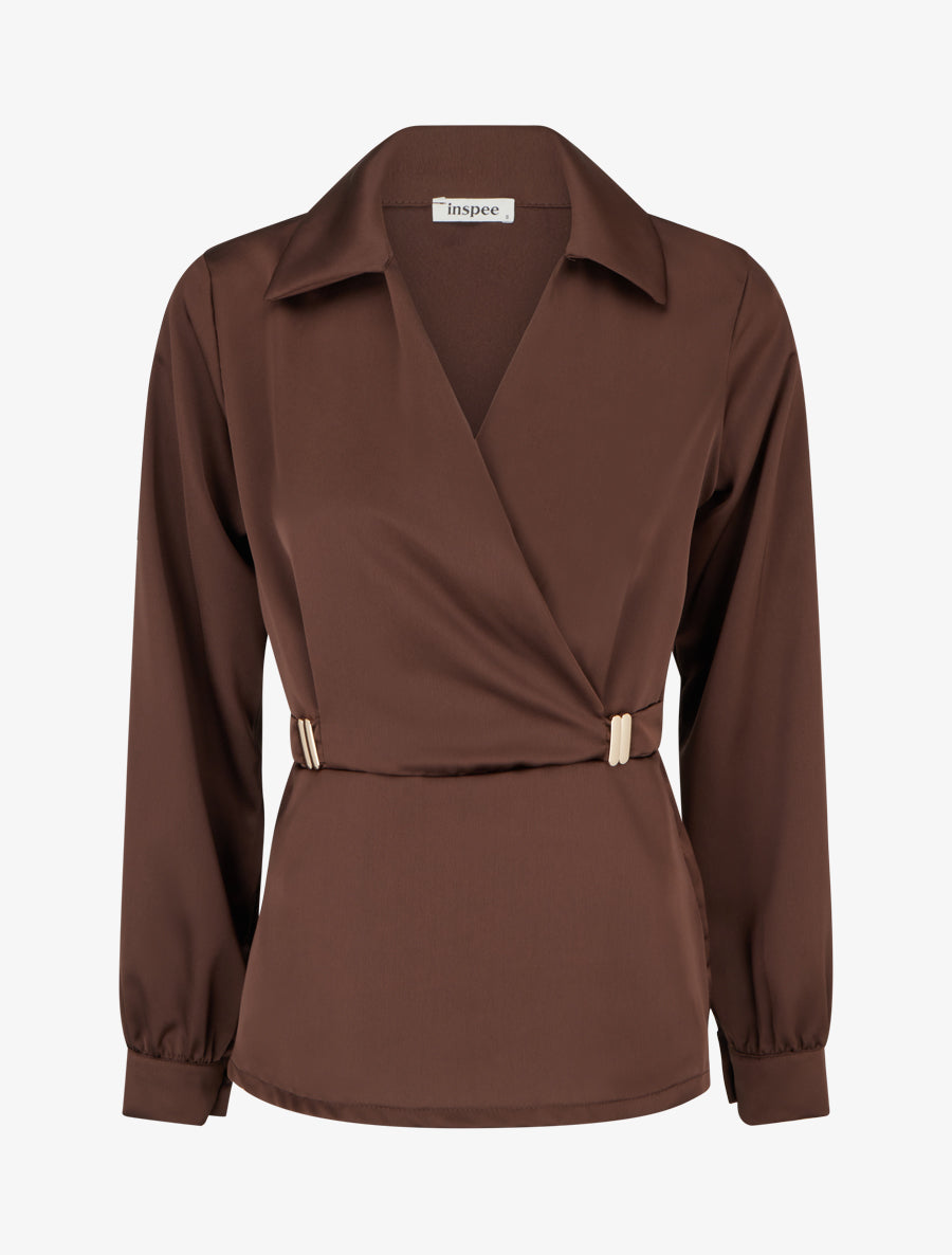 Blouse satinée à taille élastiquée - Marron - 1