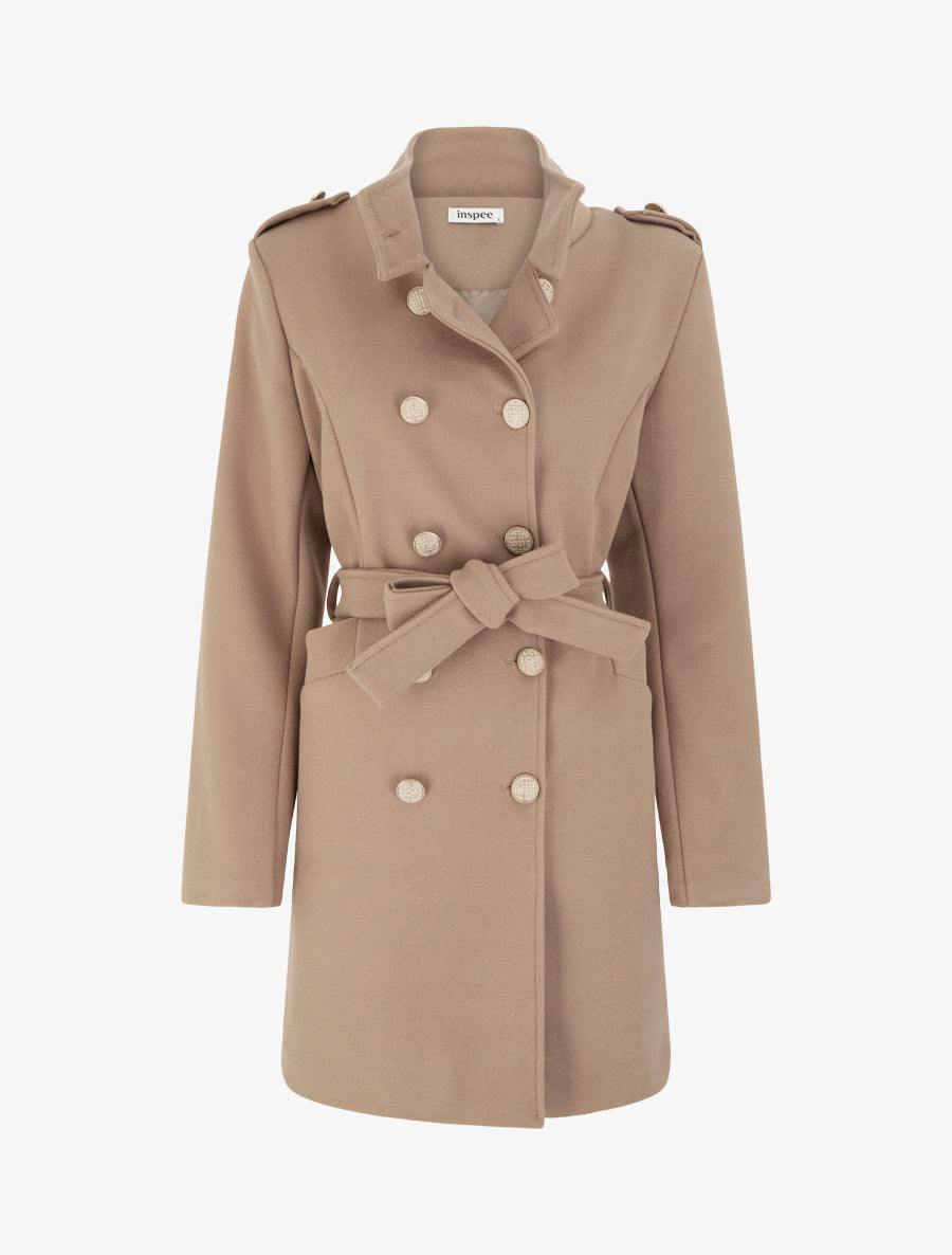Manteau style officier en laine mélangée - Camel - 1