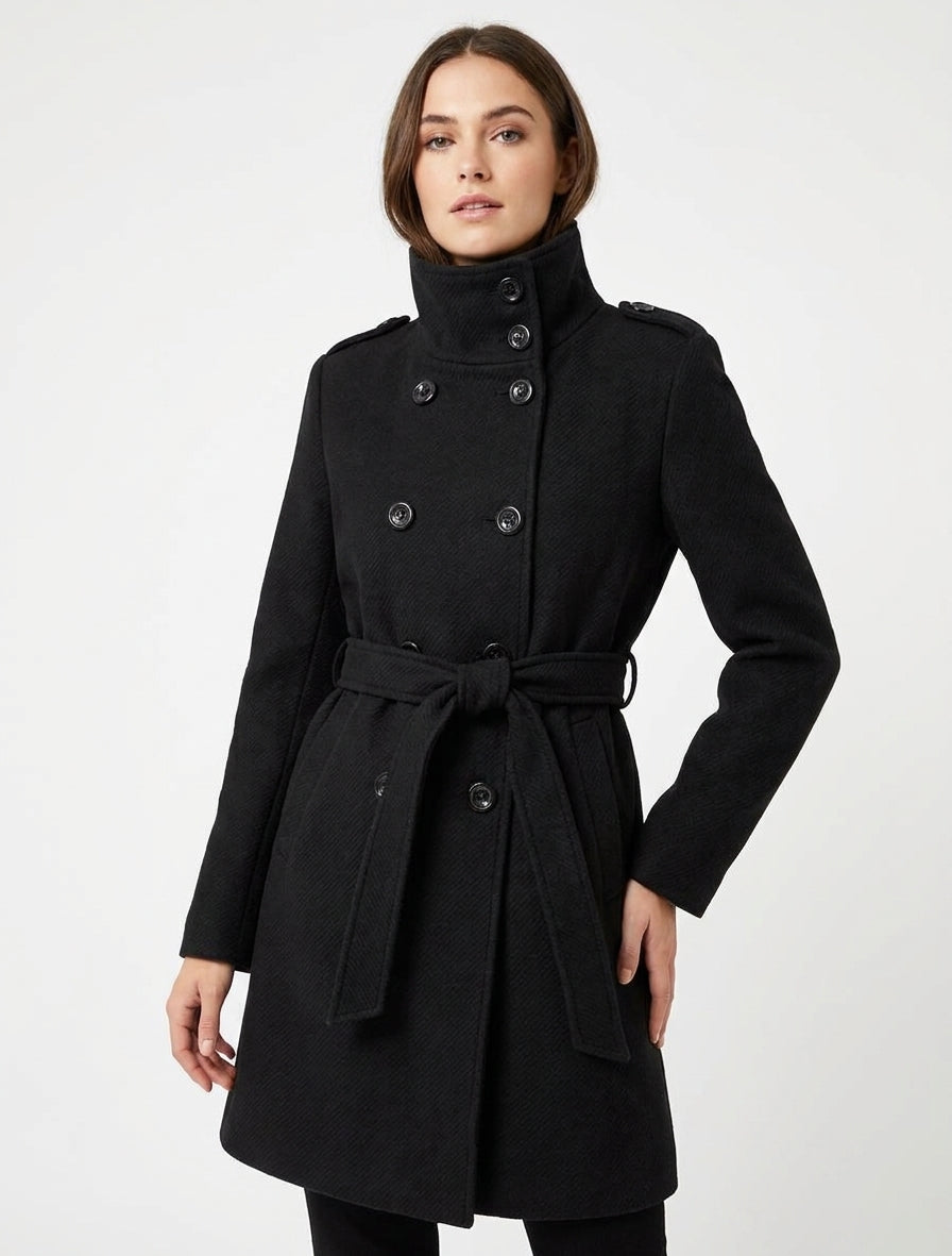 Abrigo largo con cuello alto - Negro