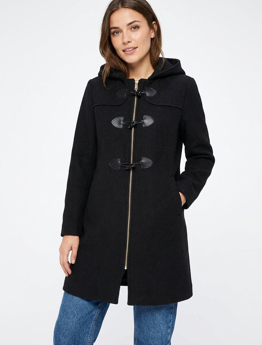 Abrigo tipo duffle-coat liso con capucha - Negro