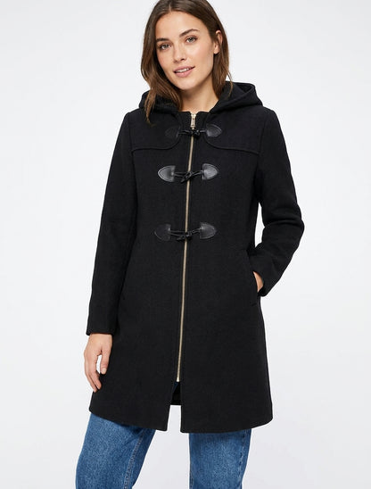 Abrigo tipo duffle-coat liso con capucha - Negro