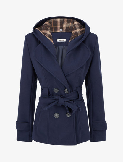 Manteau uni à capuche imprimée amovible - Marine - 1