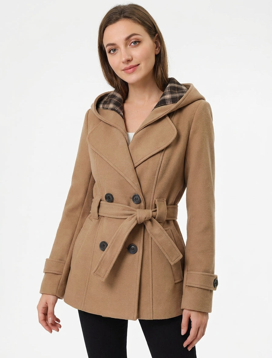 Abrigo liso con capucha estampada desmontable - Camello