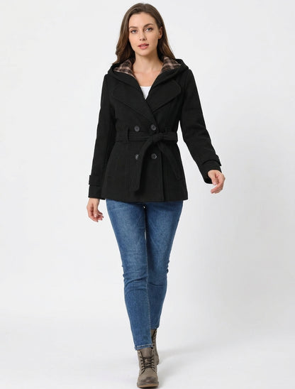Abrigo liso con capucha estampada desmontable - Negro