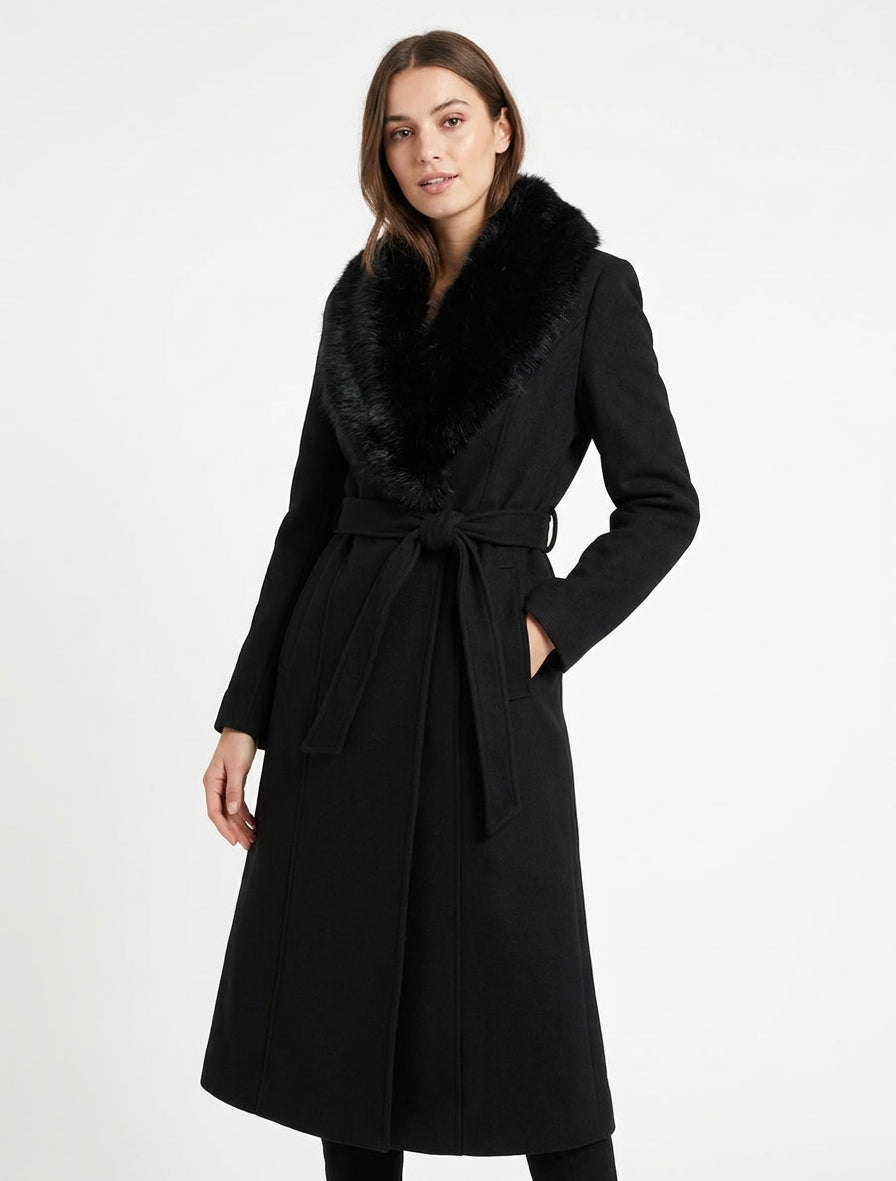 Abrigo con cuello de piel sintética desmontable - Negro