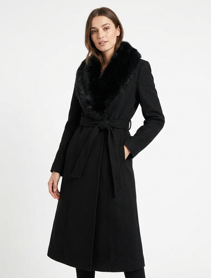 Abrigo con cuello de piel sintética desmontable - Negro