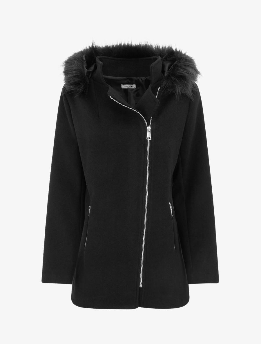 Manteau mi-long à zip asymétrique et capuche en fourrure - Noir - 1