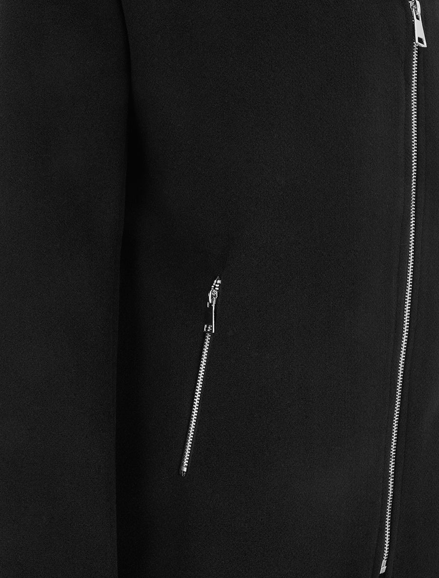 Manteau mi-long à zip asymétrique et capuche en fourrure - Noir - 3