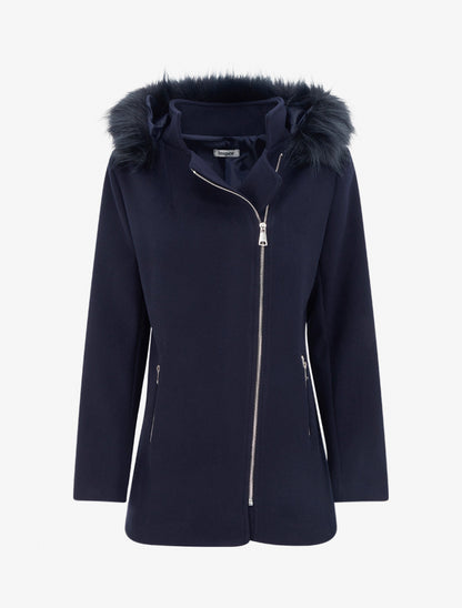 Manteau mi-long à zip asymétrique et capuche en fourrure - Marine - 1
